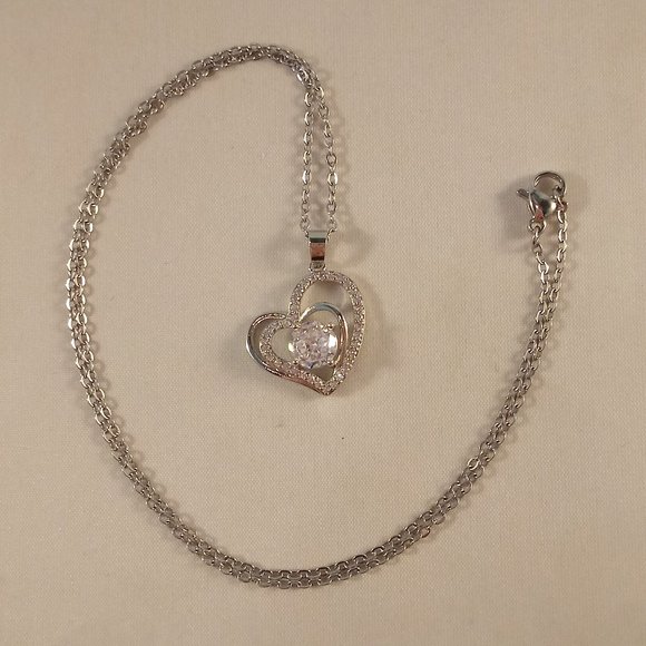 Silver Diamond Zircon Romantic Layer Heart Pendant Chain Necklace 2.04ctw - Picture 3 of 5